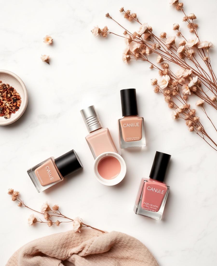 Nude and blush nail polish flatlay on marble