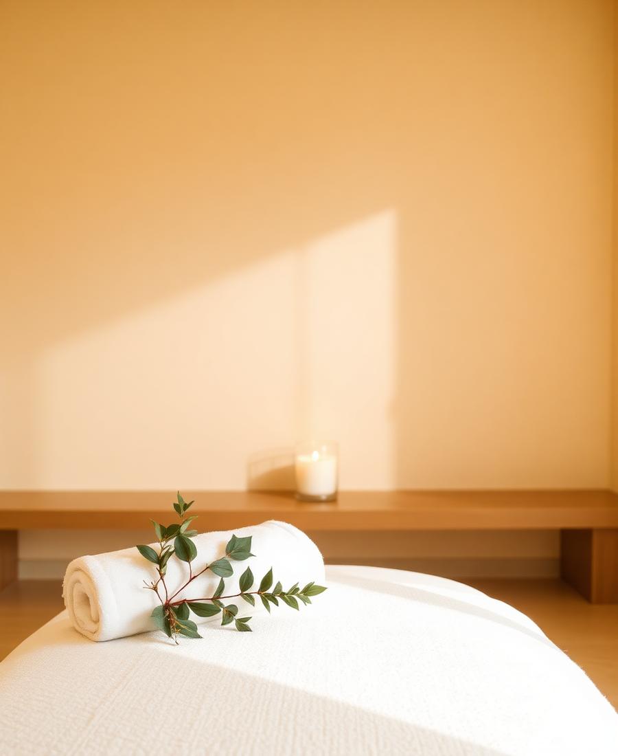 Calm spa treatment room with towels and a candle