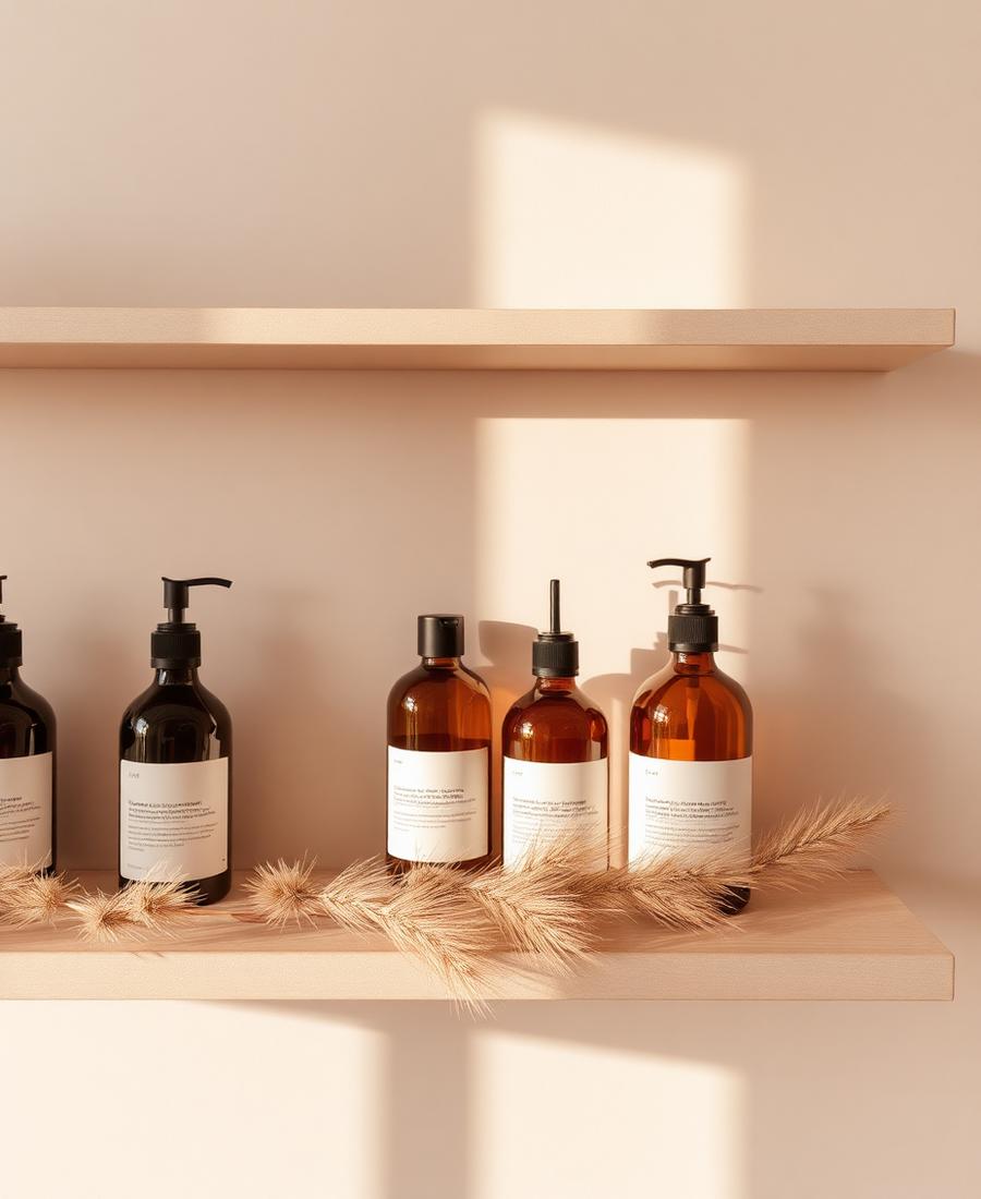 Shelf of amber hair care bottles in the salon